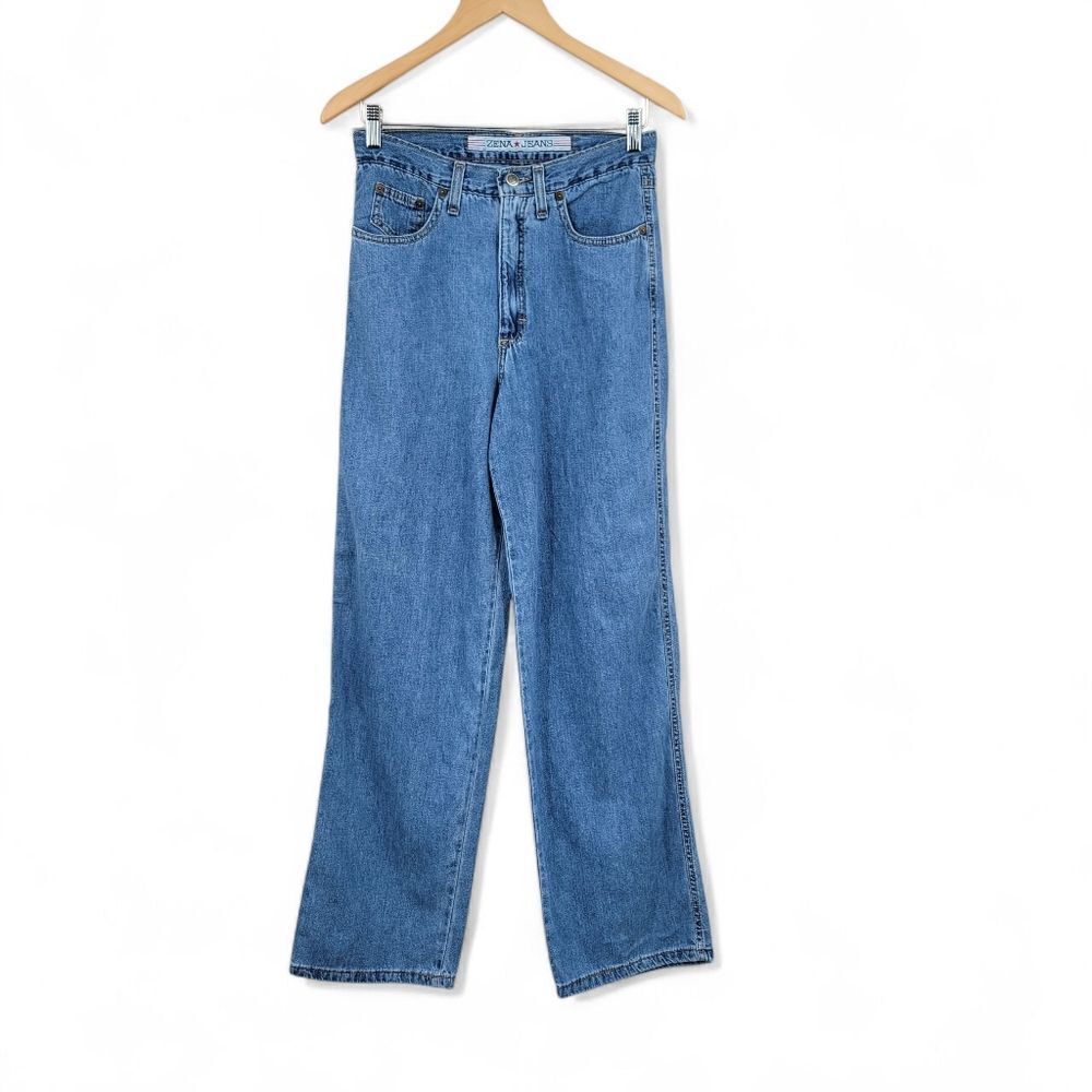 Zena Vintage Wide Straight Leg Blue Denim Jeans Back Waist Cinch Tab Baggy 90s